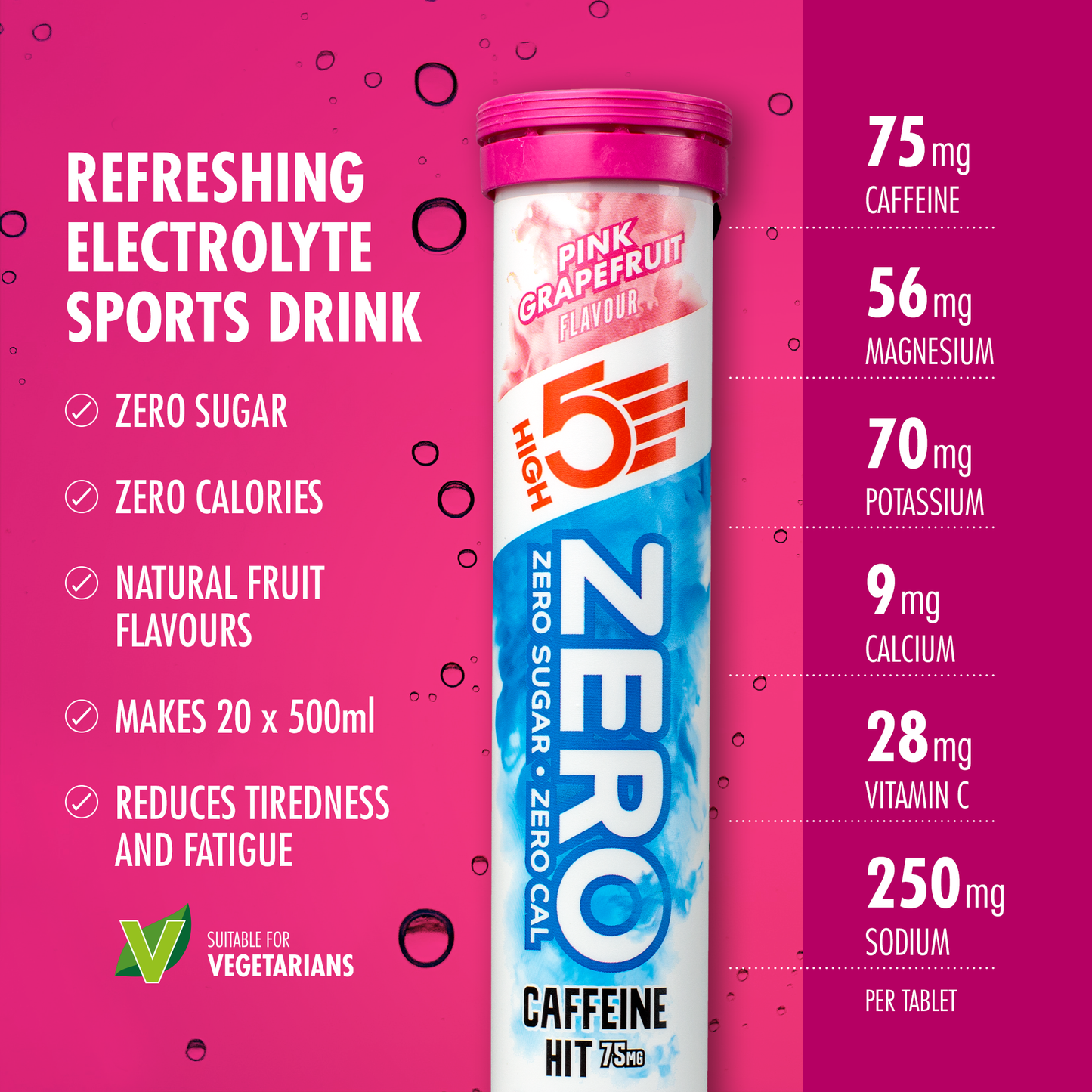 Electrolyten Hydratatietabletten High5 NUL Cafeïne (x20) Roze Pompelmoes