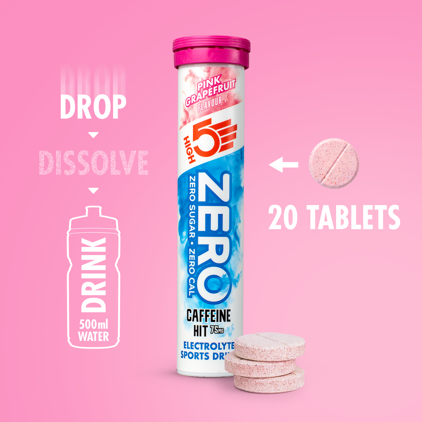 Electrolyten Hydratatietabletten High5 NUL Cafeïne (x20) Roze Pompelmoes