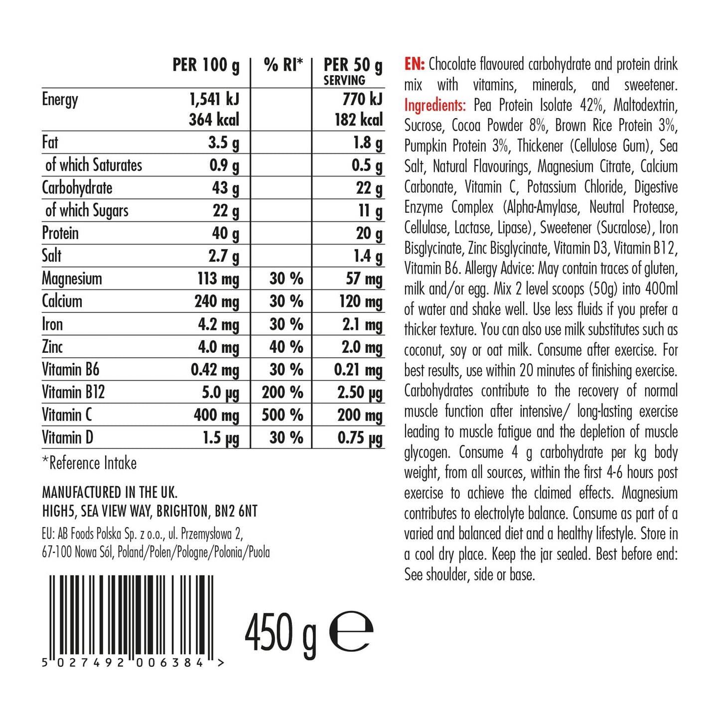 High5 PLANT-BASED RECOVERY DRINK (450g) Chocolade