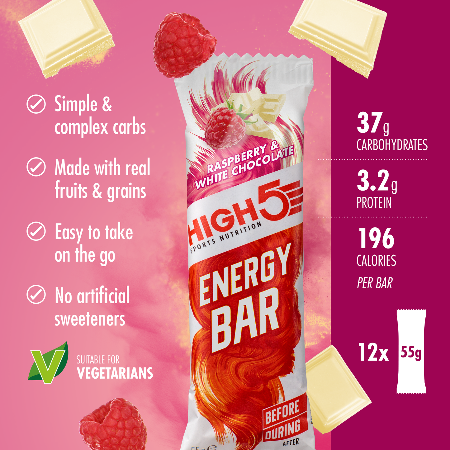 High5 ENERGY BAR (55g) Framboos Witte Chocolade