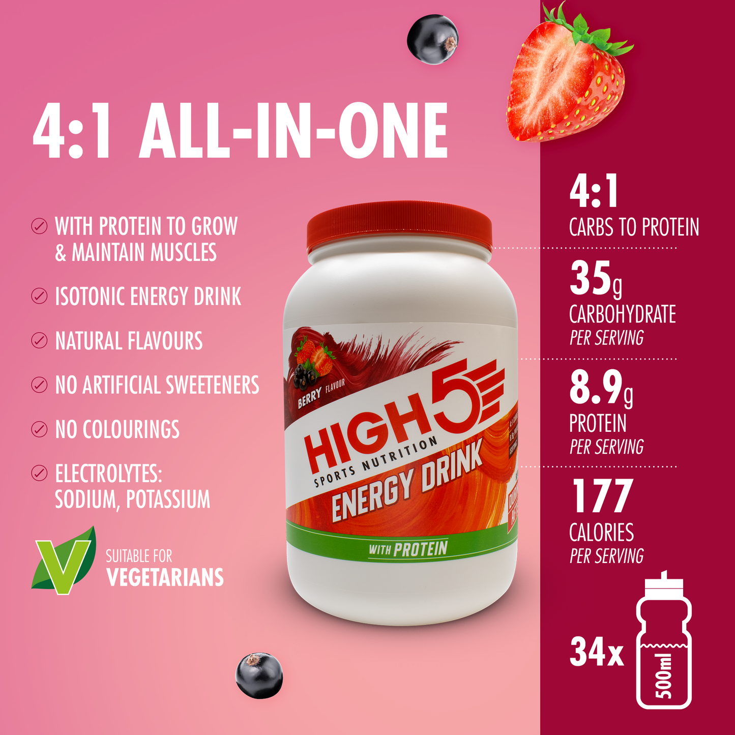 Energiedrank High5 ENERGY DRINK PROTEIN (1,6kg) Rood Fruit