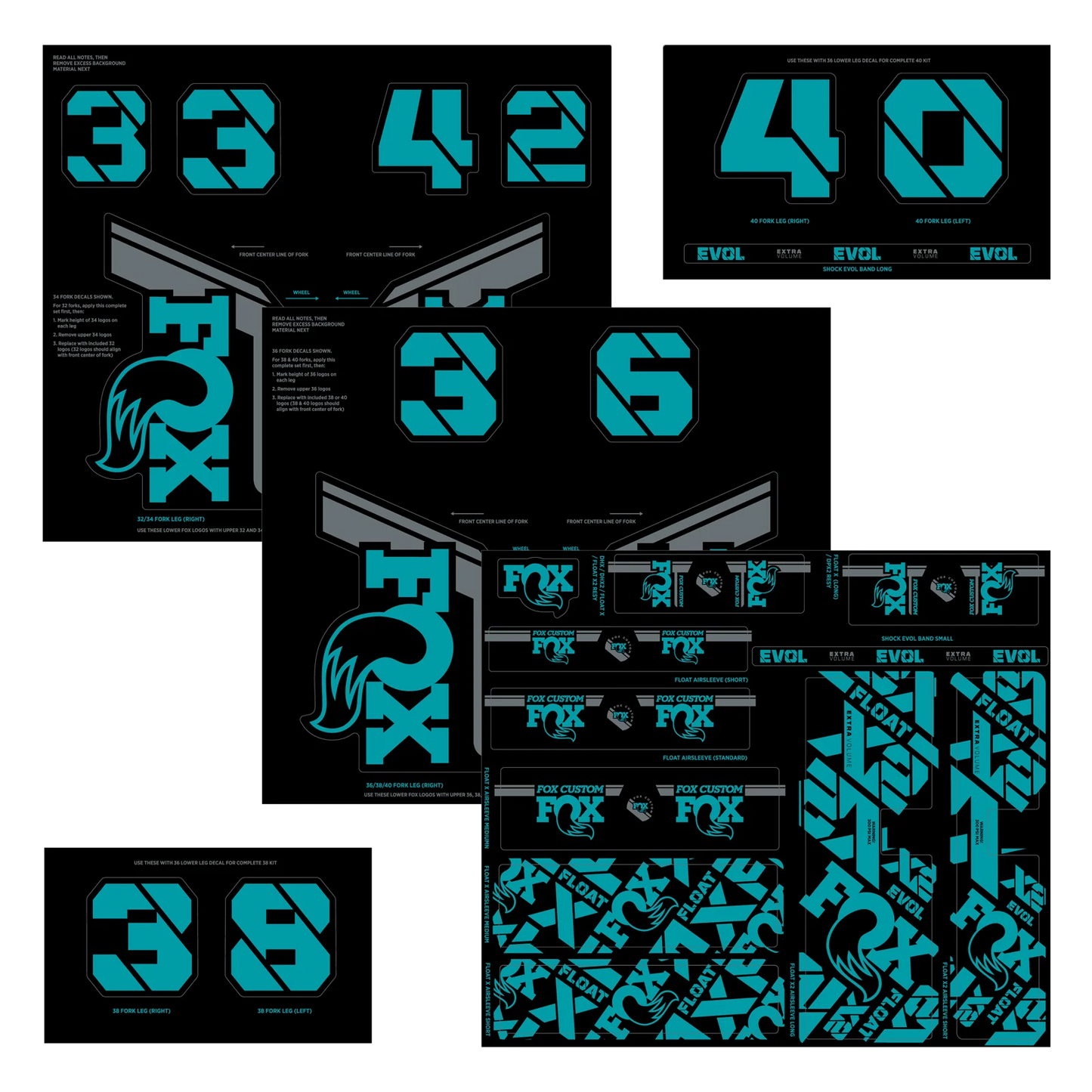 Turquoise FOX vork- en schokdemperstickerset