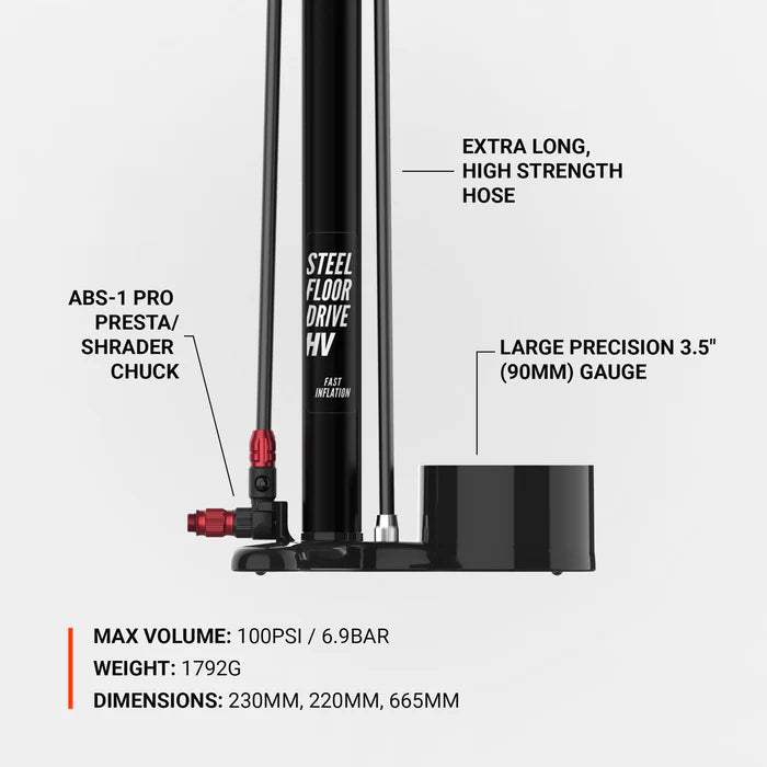 LEZYNE STEEL VLOERDRIVE 3.5 HV voetpomp zwart