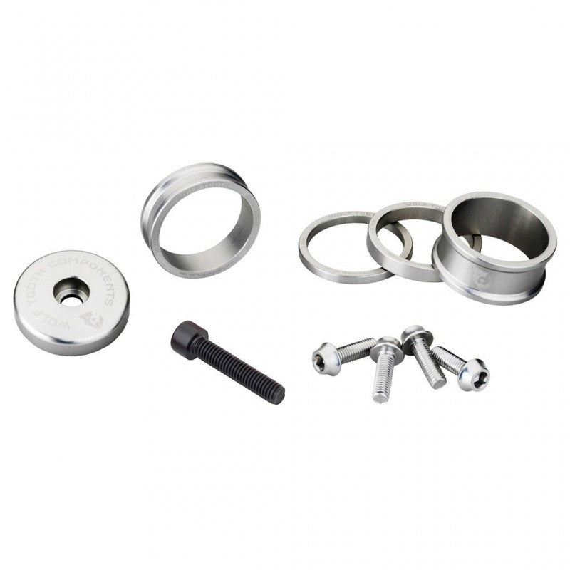 WOLFTOOTH BLING KIT Zilverkleurige afstandsbussen, stuurpenafdekking en schroevenset