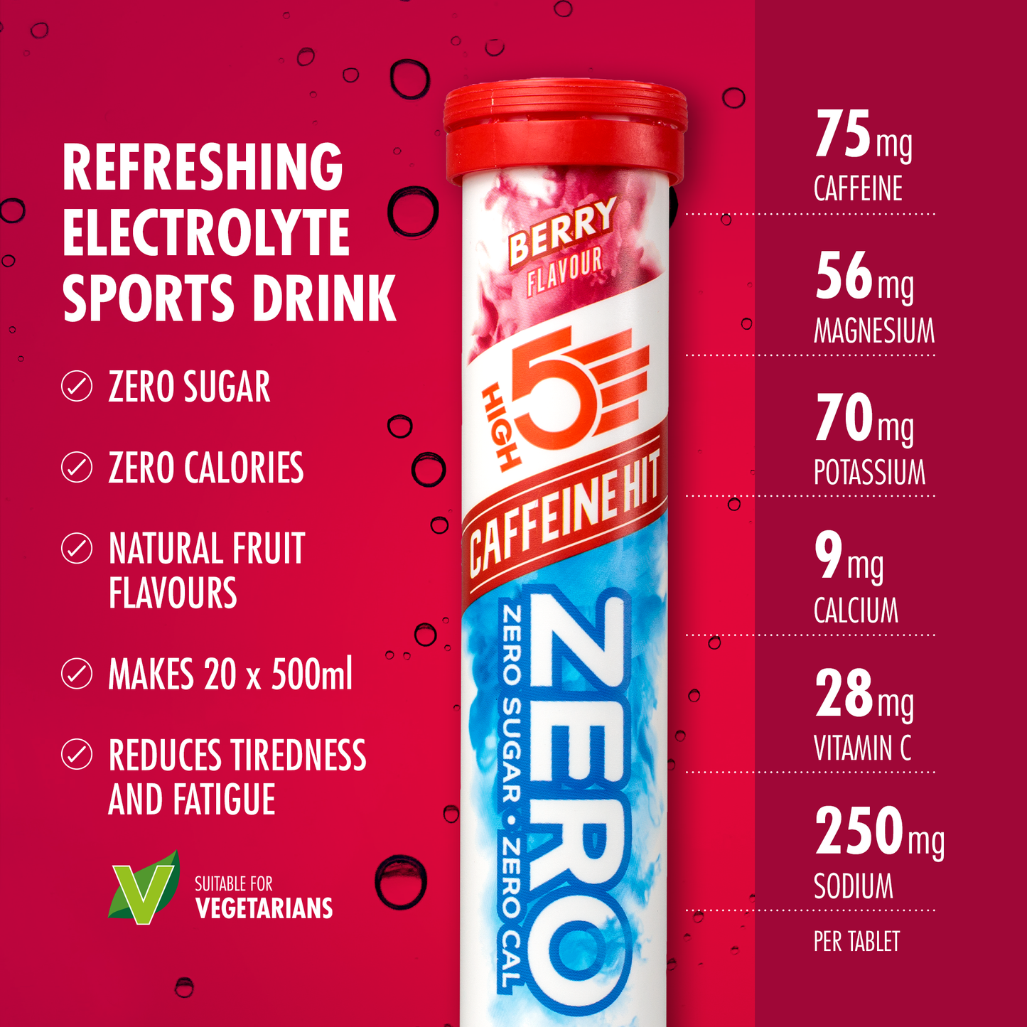 Electrolyten Hydratatietabletten High5 NUL Cafeïne (x20) Fruit Rood
