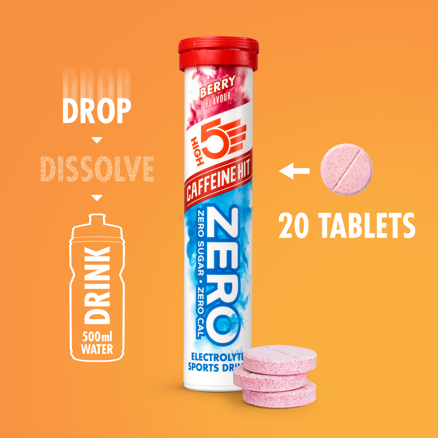 Electrolyten Hydratatietabletten High5 NUL Cafeïne (x20) Fruit Rood