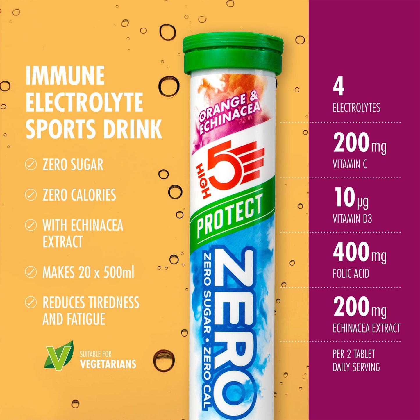Hydratatietabletten met elektrolyten High5 ZERO PROTECT (x20) Sinaasappel & Echinacea
