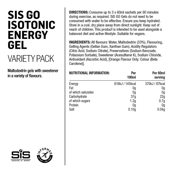 Set van 7 Glutenvrije SIS GEL GO ISOTONIC Energy Gels (60 ml)