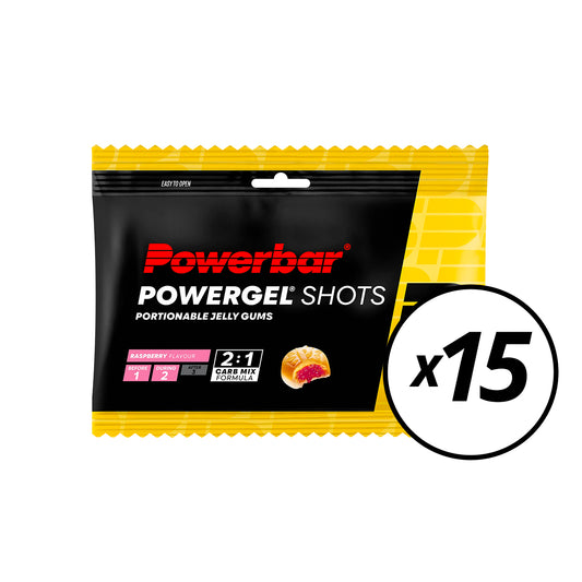 15 Pakjes POWERBAR POWERGEL Shots (60gr) Framboos -Korte Datum