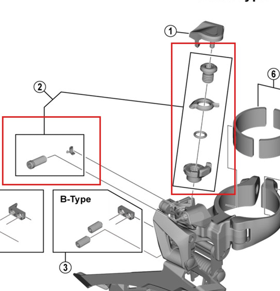 SHIMANO FD-R7100/U6030/5801/R7000/RX400 kabelafstelling en aanhaalschroeven