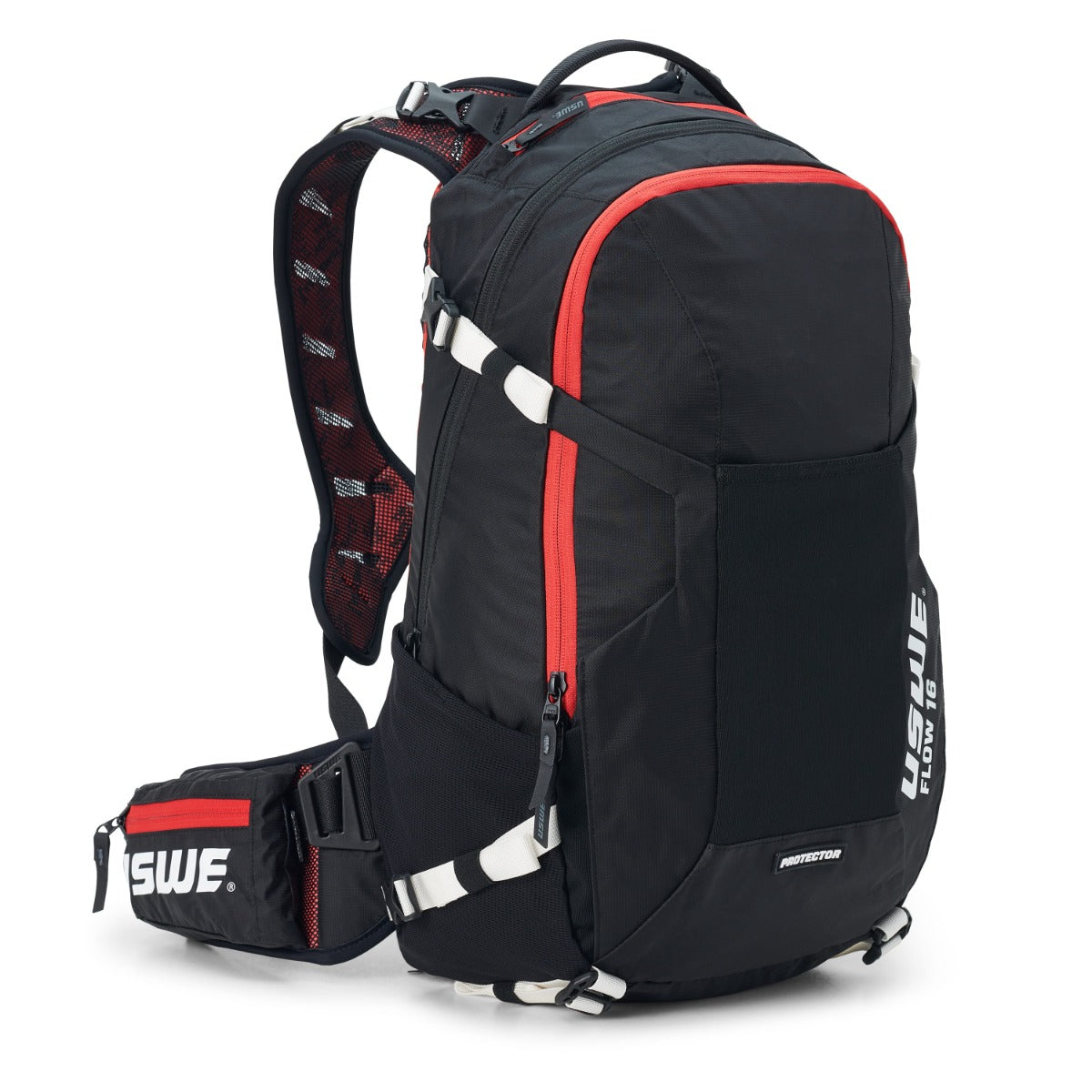 USWE FLOW 16 L rugzak met geïntegreerde rugbescherming Zwart/Rood