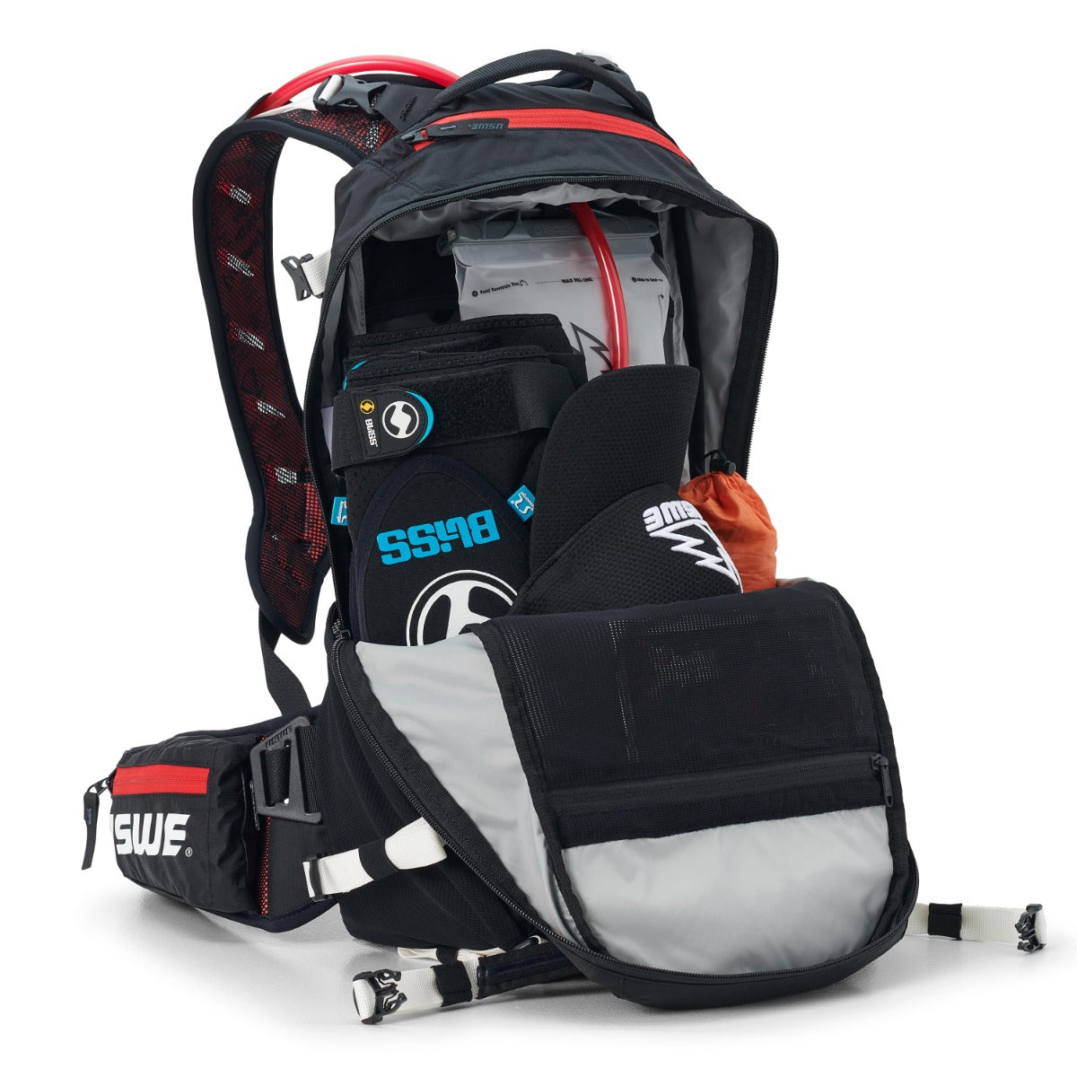 USWE FLOW 16 L rugzak met geïntegreerde rugbescherming Zwart/Rood