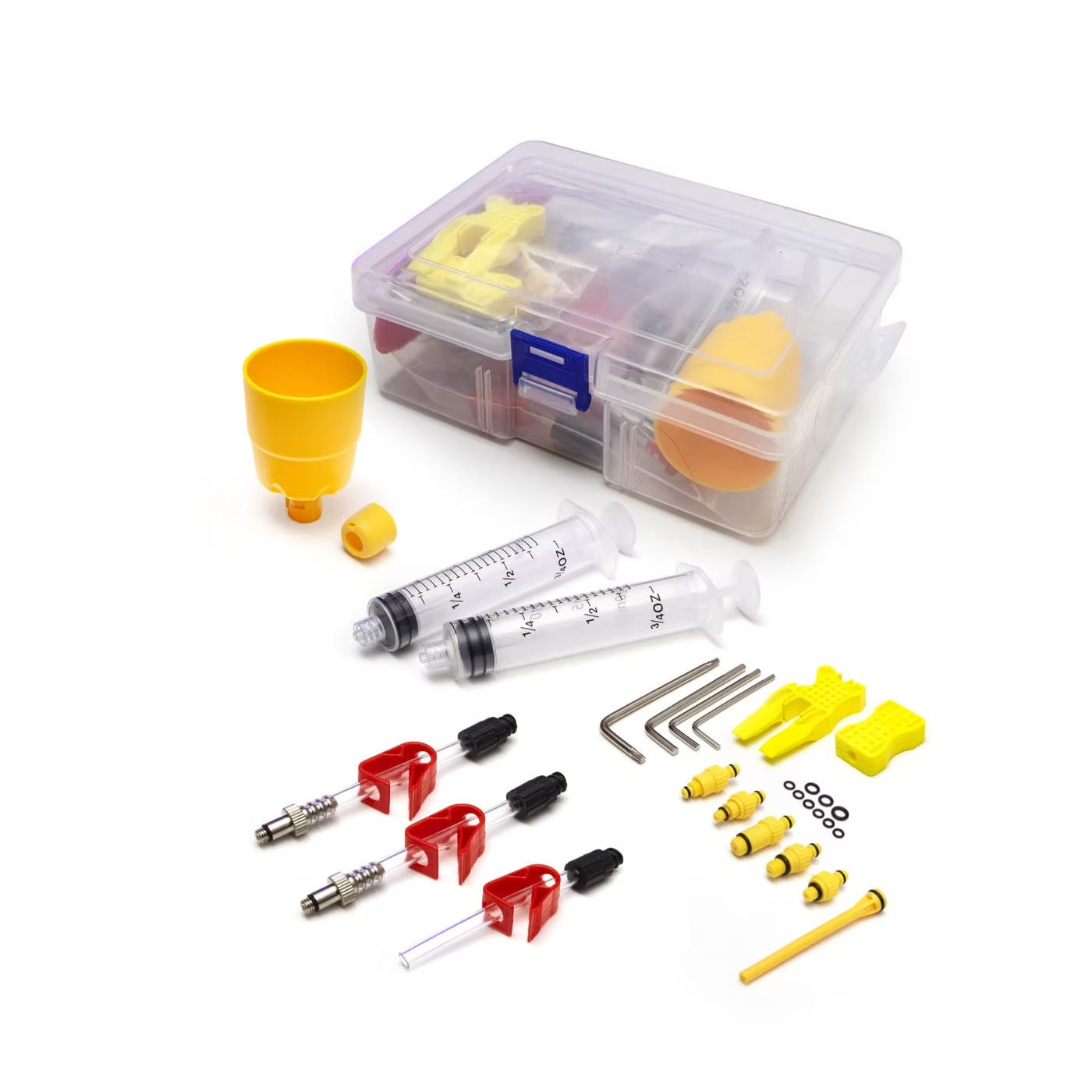 2x spuiten. Ontluchtingsbeker. 2x adapters (M5). 1x blanco slangadapter. O-ringen. ontluchting
