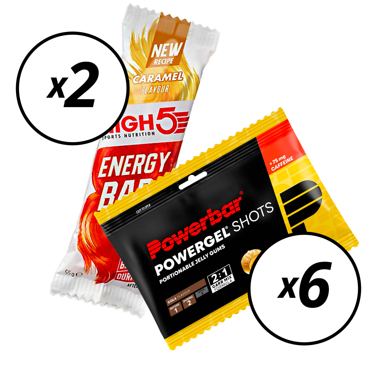 6 Bonbons POWERBAR POWERGEL Shots (60gr) Cola + 2 HIGH5 ENERGY BAR (55g) Karamel