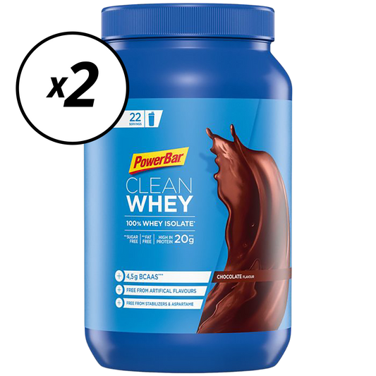 Set van 2 POWERBAR CLEAN WHEY 100% Isolaat Eiwitdranken (570g) Chocolade Korte Houdbaarheidsdatum