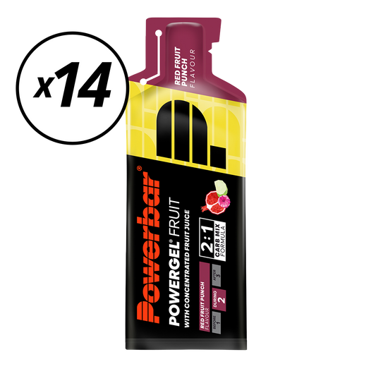 Set van 14 POWERBAR POWERGEL FRUIT Energy Gels (41gr) Rood Fruit Korte Houdbaarheidsdatum