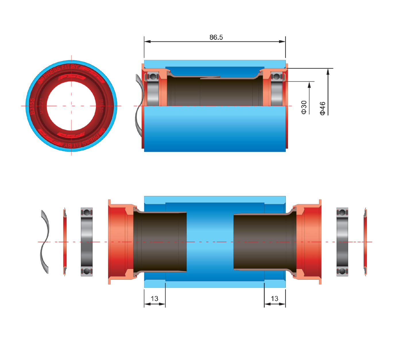FSA PF30 BB30/BB386 crankstel 30mm 68-86,5mm as