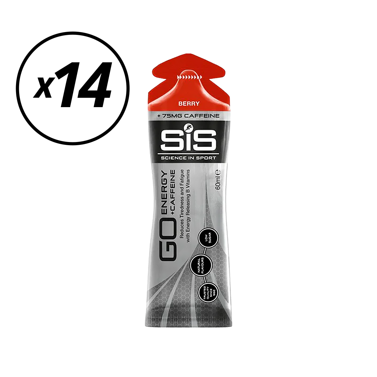 Set van 14 SIS GO ISOTONIC ENERGY Cafeïne Gels (60ml) Rood Fruit Korte Houdbaarheidsdatum