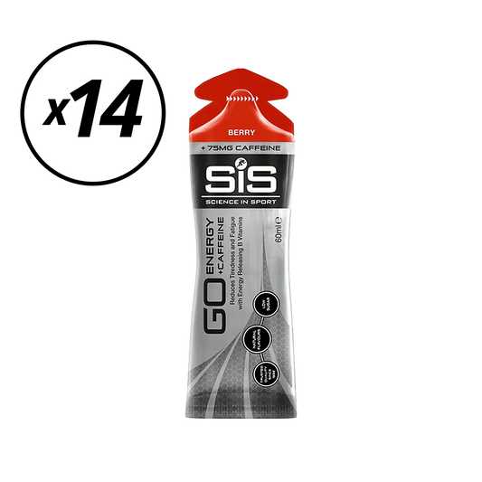 Set van 14 SIS GO ISOTONIC ENERGY Cafeïne Gels (60ml) Rood Fruit Korte Houdbaarheidsdatum