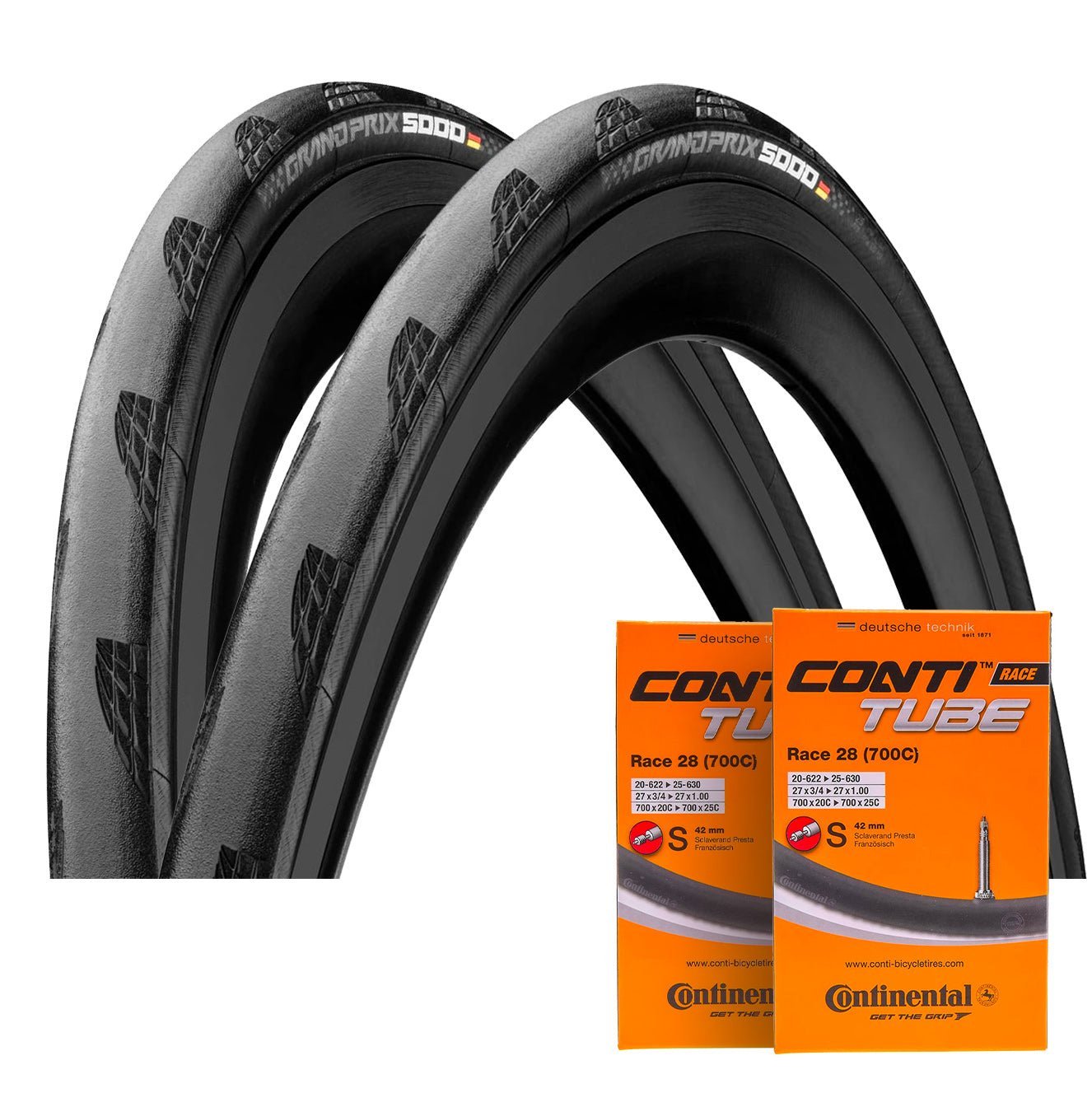 Paar CONTINENTAL GRAND PRIX 5000 700x25c binnenband type Soft Zwart + Paar CONTINENTAL RACE 700x20/25c Presta 60mm binnenbanden