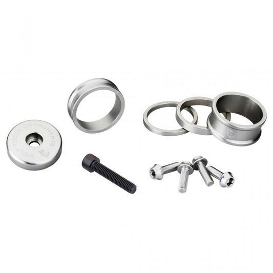 WOLFTOOTH BLING KIT Zilverkleurige afstandsbussen, stuurpenafdekking en schroevenset